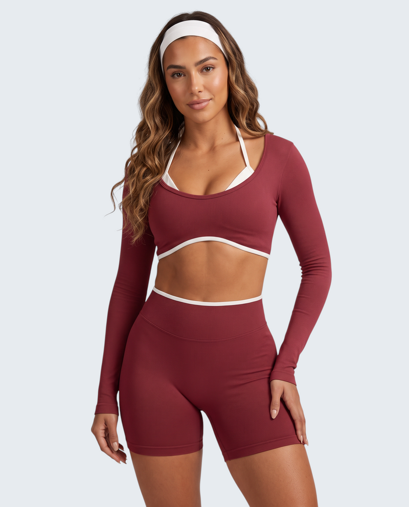 Conjunto desportivo VD Beyond Limits bordeaux com top halter de manga longa e calções de cintura alta seamless