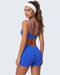 Conjunto Seamless Sculpt azul da VD Beyond Limits com top e calções de cintura subida, ideal para desporto.