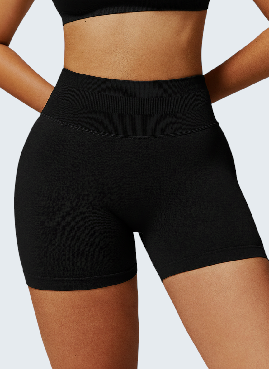 Shorts desportivos pretos de cintura alta VD Beyond Limits com design seamless e efeito modelador para treino.